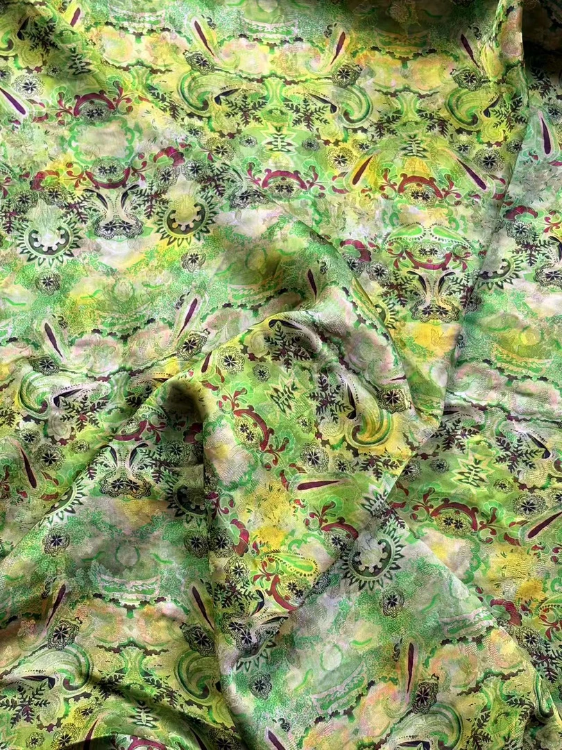 [翠云绿锦]高档新中式香云纱花萝提花裙装旗袍面料（开裁不退换）