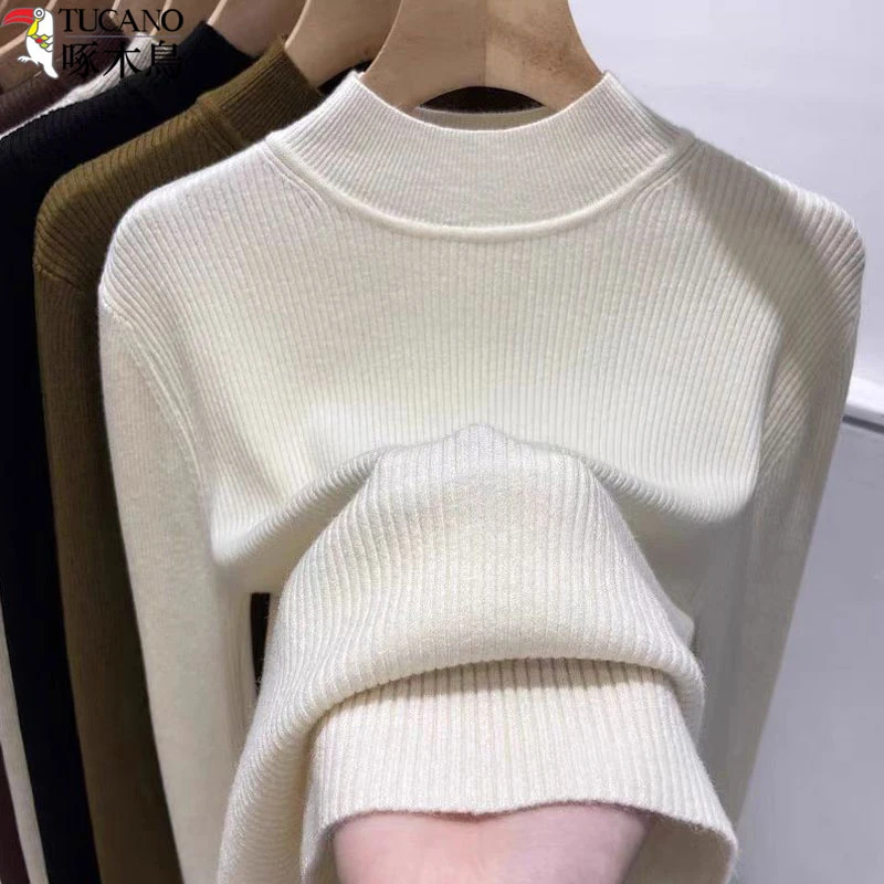 啄木鸟黑色半高领打底衫女装秋冬新款气质通勤百搭长袖内搭针织衫