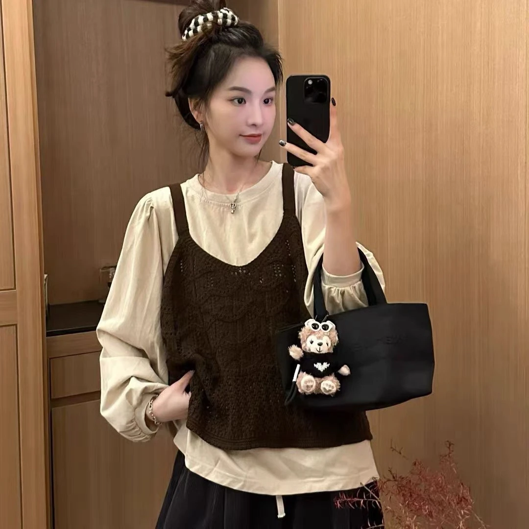 【海南肉丝】3178 韩系圆领显瘦长袖T恤+毛衣背心