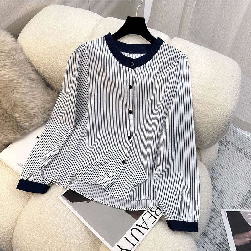 圆领拼色长袖条纹衬衫女2025春夏季新款宽松显瘦休闲泡泡袖小衫