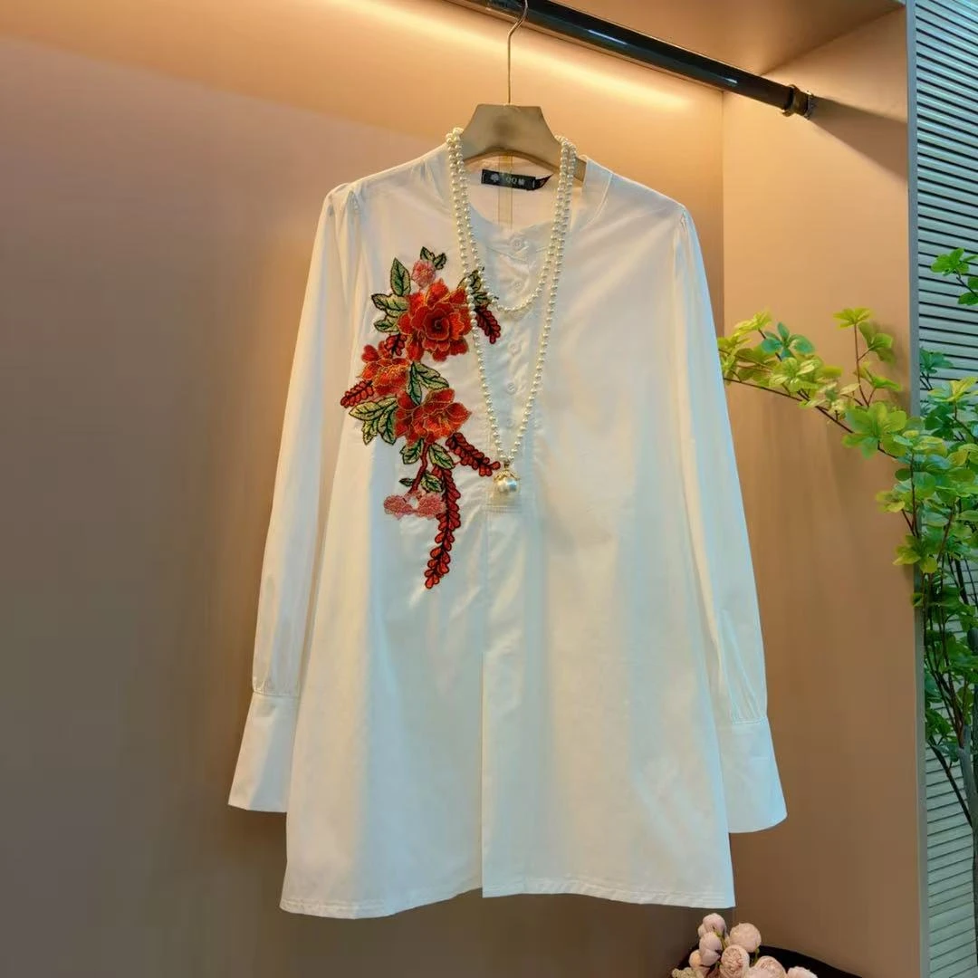 新款时尚百搭刺绣立领上衣复古绣花宽松显瘦上衣（衣长78左右）