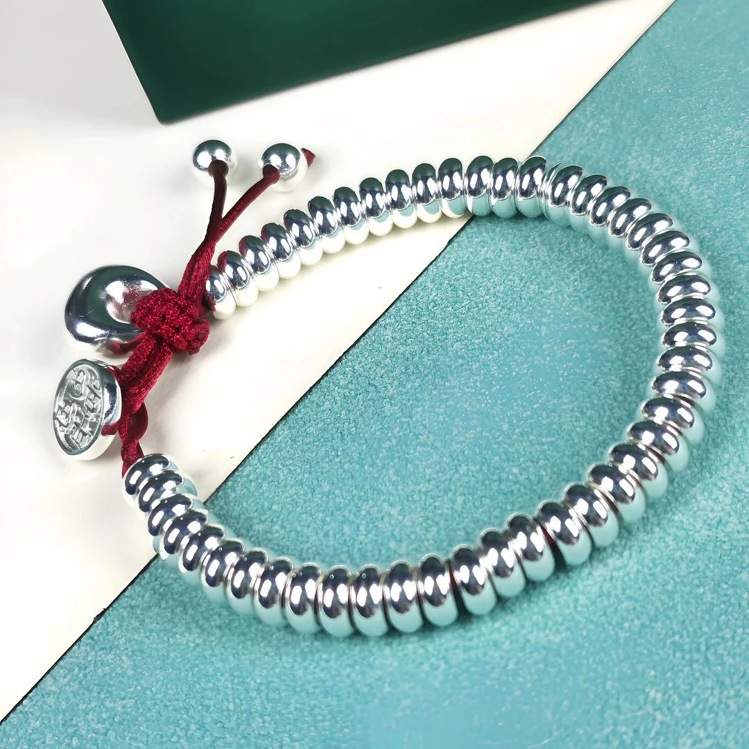 足银手链 S49足银9999元宝手工百搭小众算盘珠红盘缠纯银手链手串