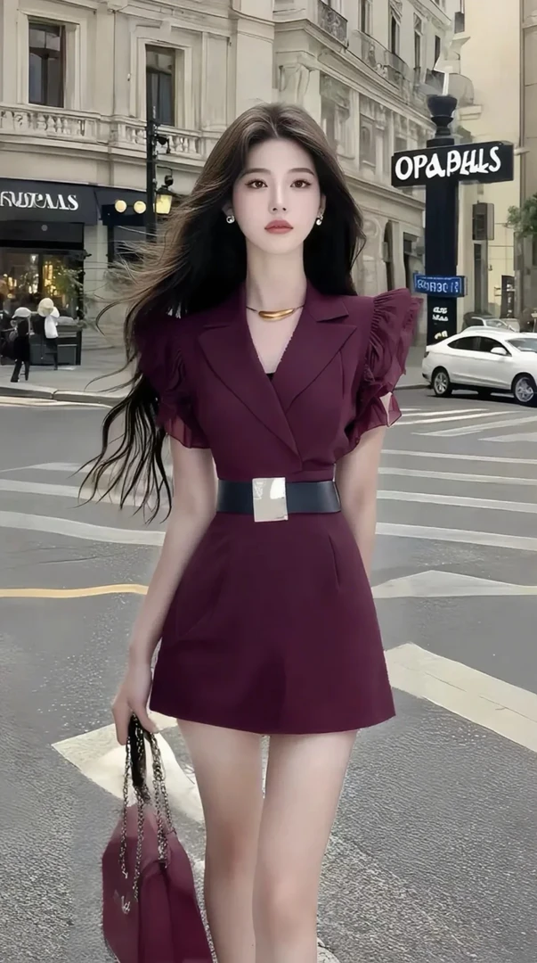 新款优雅高端大气酒红色V领收腰系带连衣裙女时尚轻奢高级氛围感