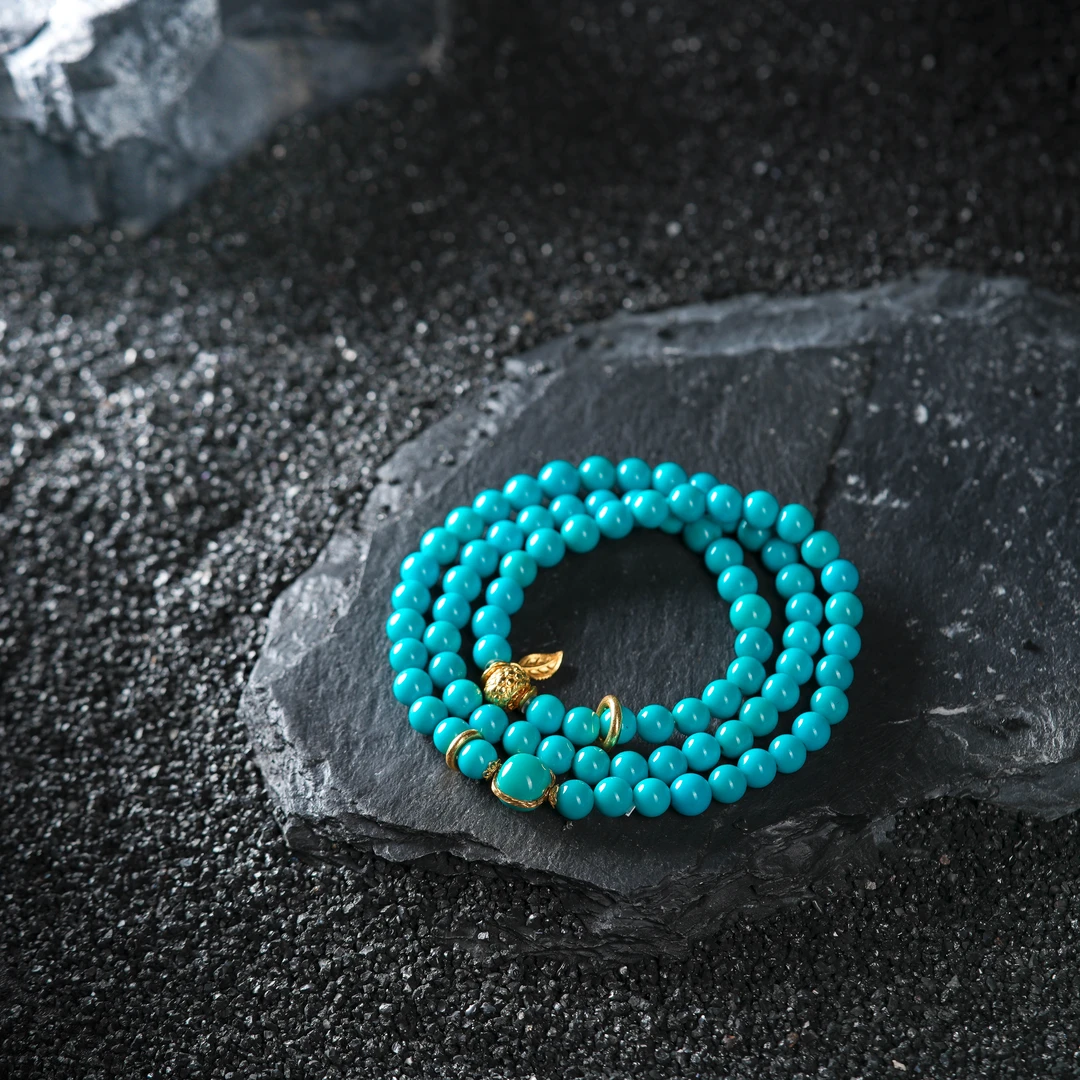 『博姐』·海蓝珠丨原矿绿松石暴力蓝18K金传世级手串约6mm*S6863