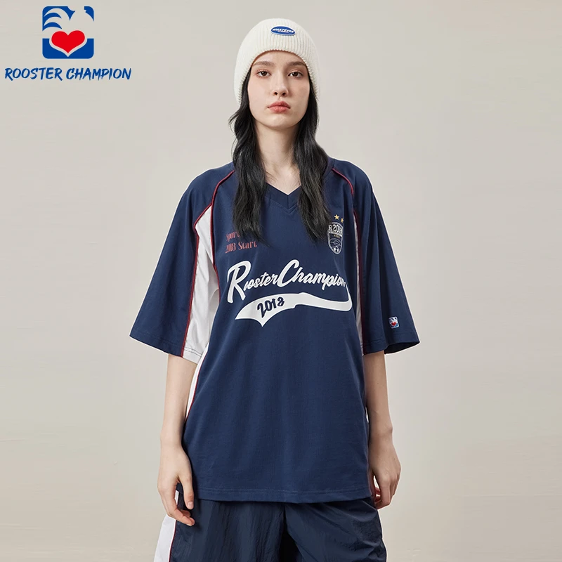 公鸡冠军短袖T恤男2025夏季新款深蓝球衣复古印花情侣半袖F21608