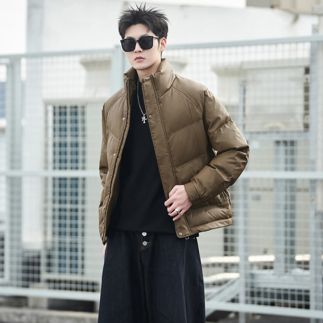 高级感PU皮羽绒衣男冬季2025年新款立领宽松百搭加厚保暖青年外套