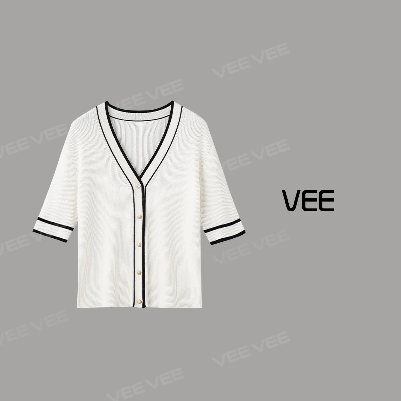 VEE【新篇章】【专属】25新款时尚休闲简约通勤百搭撞色短袖针织衫