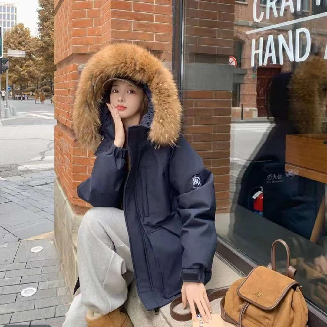 地球标派克服棉服女冬季2024新款大毛领韩版宽松工装棉衣加厚棉服