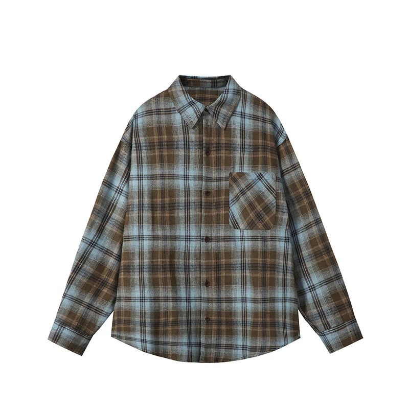 海盐蓝棕色格子复古衬衫男女同款宽松慵懒风叠穿情侣长袖衬衣外套