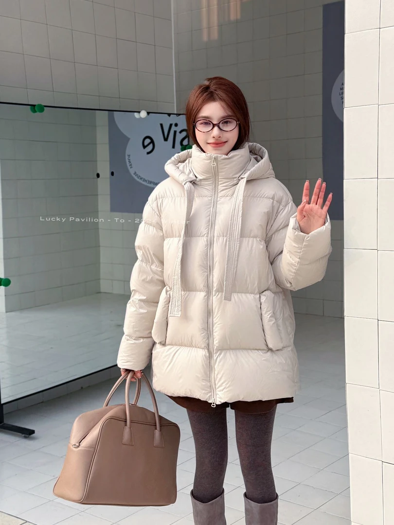 幸运阁帽子飘带被子款羽绒服连帽韩系阔版保暖