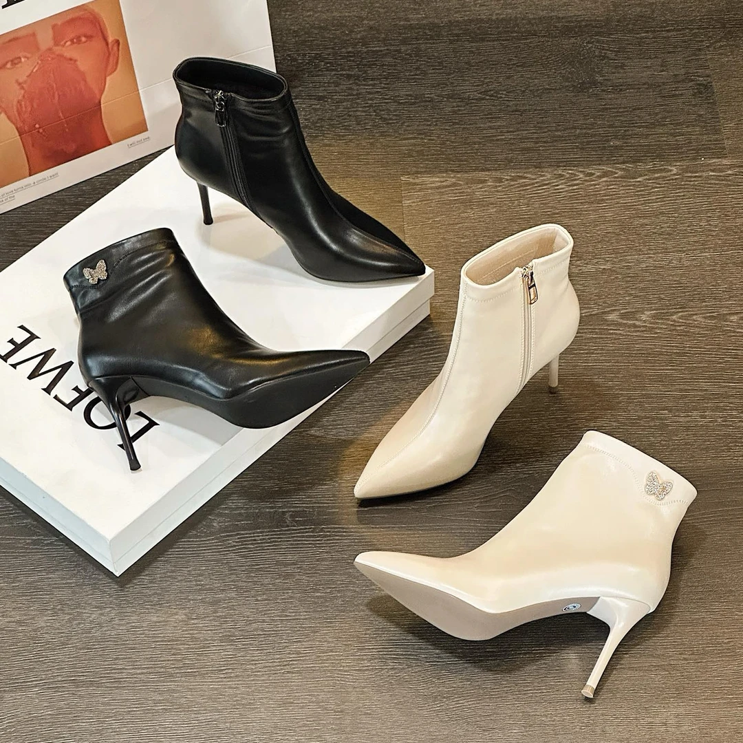 34码新款尖头细跟法式短靴气质百搭显瘦高跟时装及裸瘦瘦靴85815