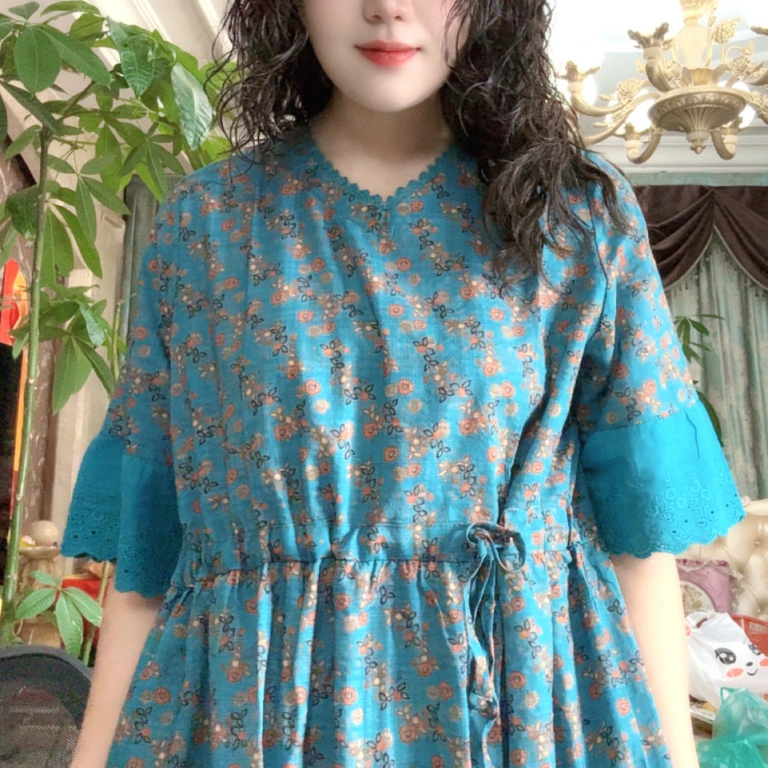 不汐暮然88022新款衣长118，碎花宽松洋气文艺显瘦中长款连衣裙