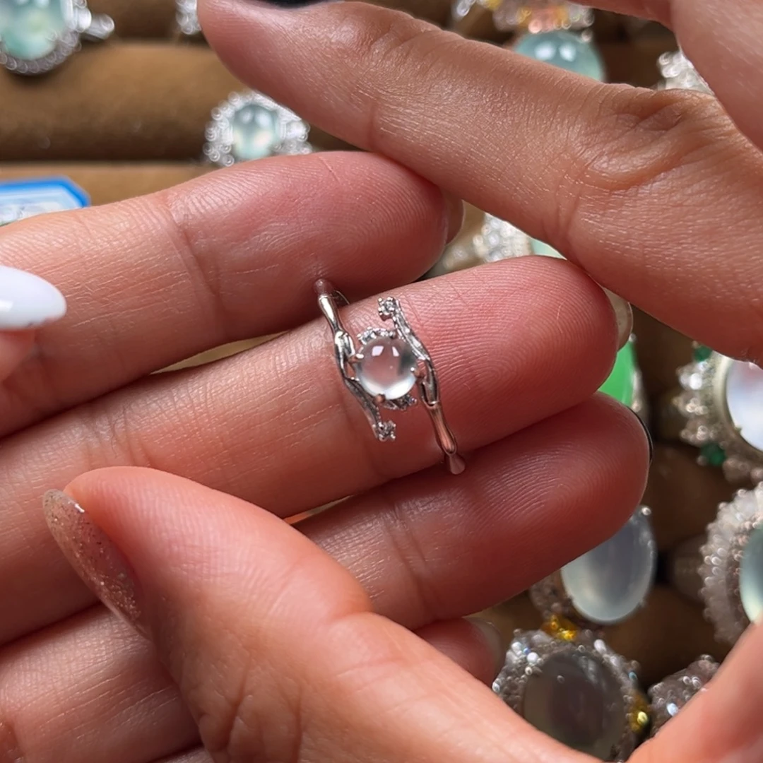 翡翠戒指银S925镶嵌缅甸翡翠天然翡翠