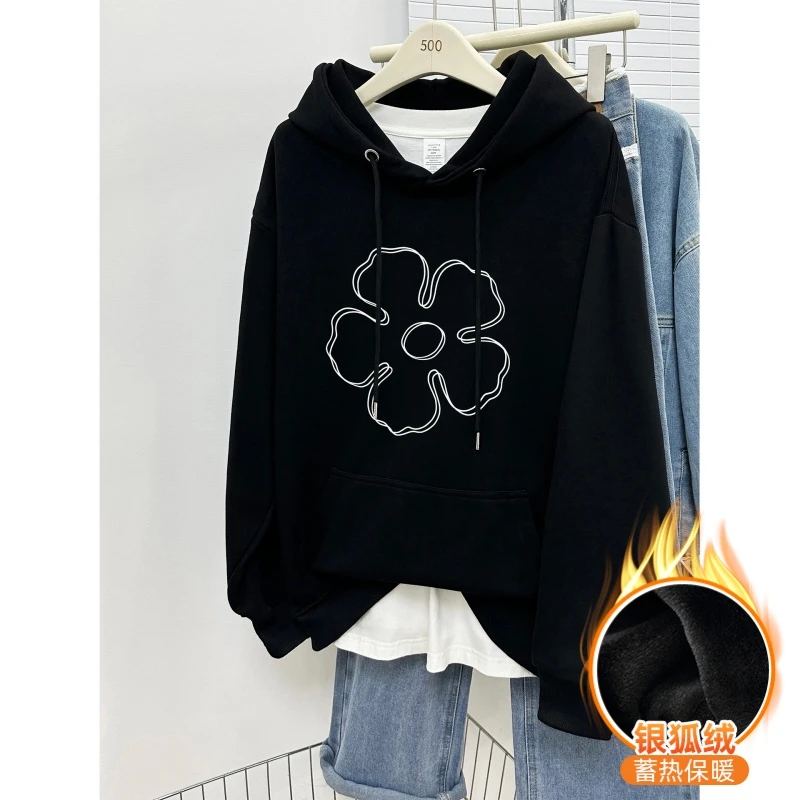 韩版花朵印花连帽卫衣女2025秋冬新款加绒加厚宽松大码慵懒风外套