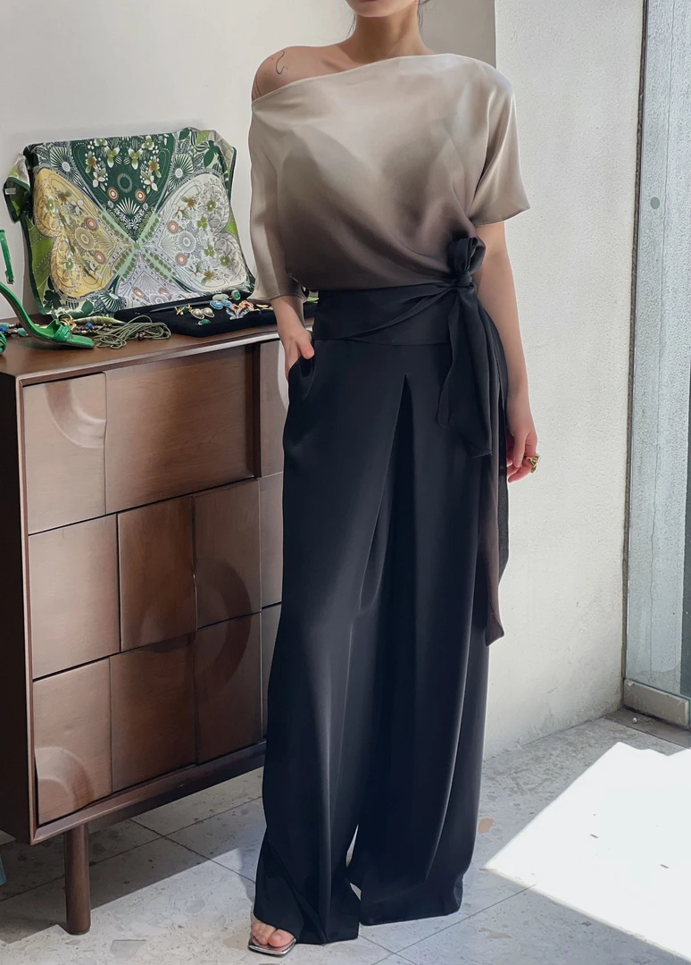 【DODO精选】设计师款蝙蝠袖系带渐变衬衫真丝阔腿裤套装（可单拍）