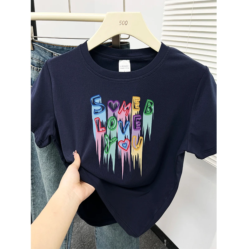 正肩短袖t恤夏新款韩版时尚设计感字母印花胖mm大码女装显瘦上衣