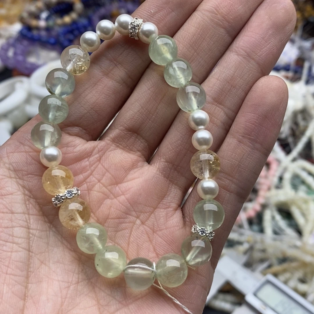 玛瑙/玉髓未镶嵌珠宝半成品一条天然8.7mm葡萄石手链带黄水晶