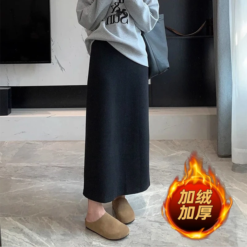 黑色半身裙秋季爆款纸片裙子毛呢垂感裙子慵懒气质女休闲高腰松紧