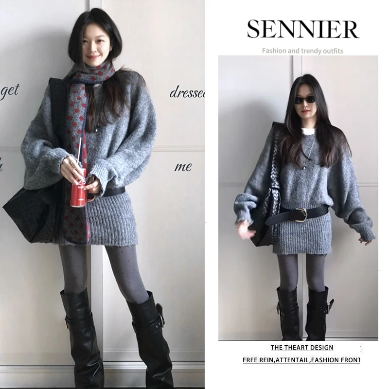 灰色慵懒宽松针织套头连衣裙女2025新款高级感简约时尚气质毛衣