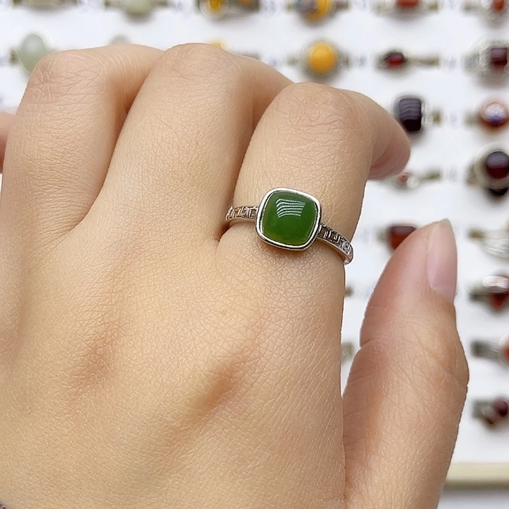 和田玉戒指银S925镶嵌天然