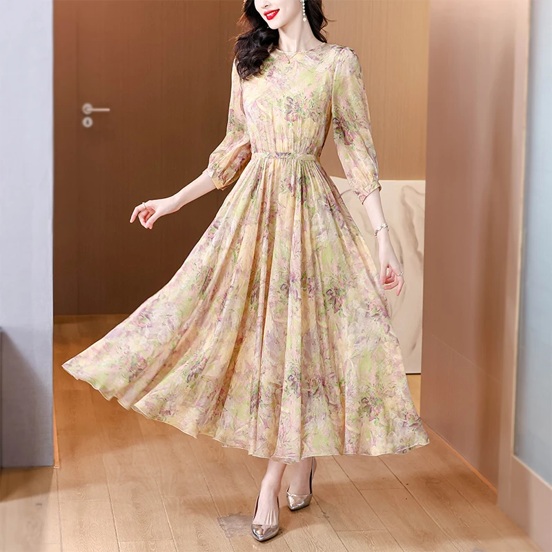夏季新款高端真丝连衣裙时尚女款气质碎花长裙中年桑蚕丝漂亮裙子