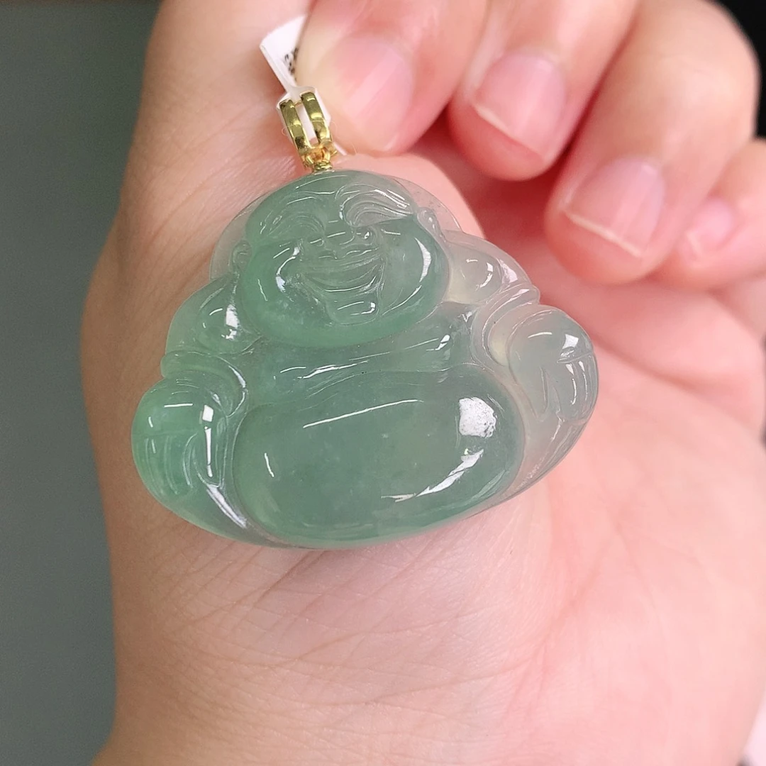 翡翠18K金镶嵌颈饰冰绿佛公30-36-6如