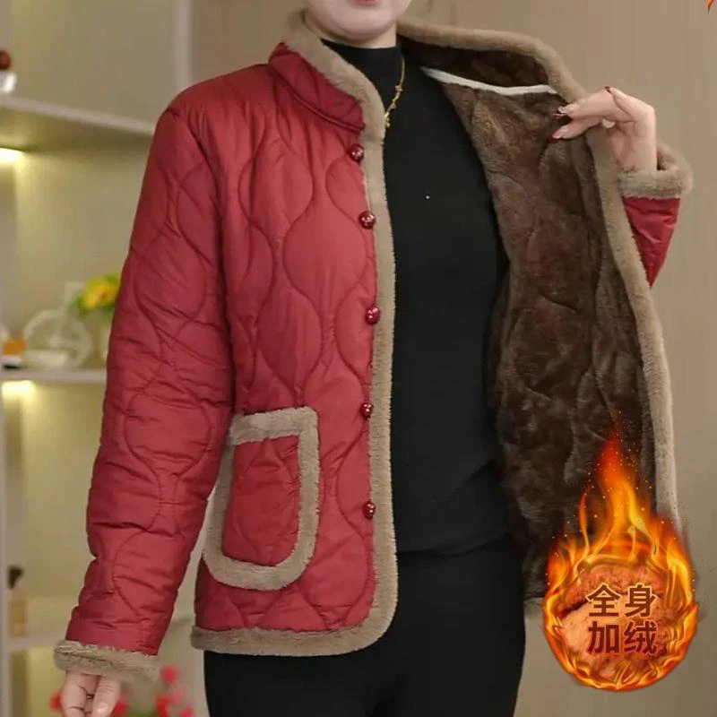 秋冬新款妈妈装加绒棉袄时尚中老年女休闲棉服小个子加厚棉衣外套