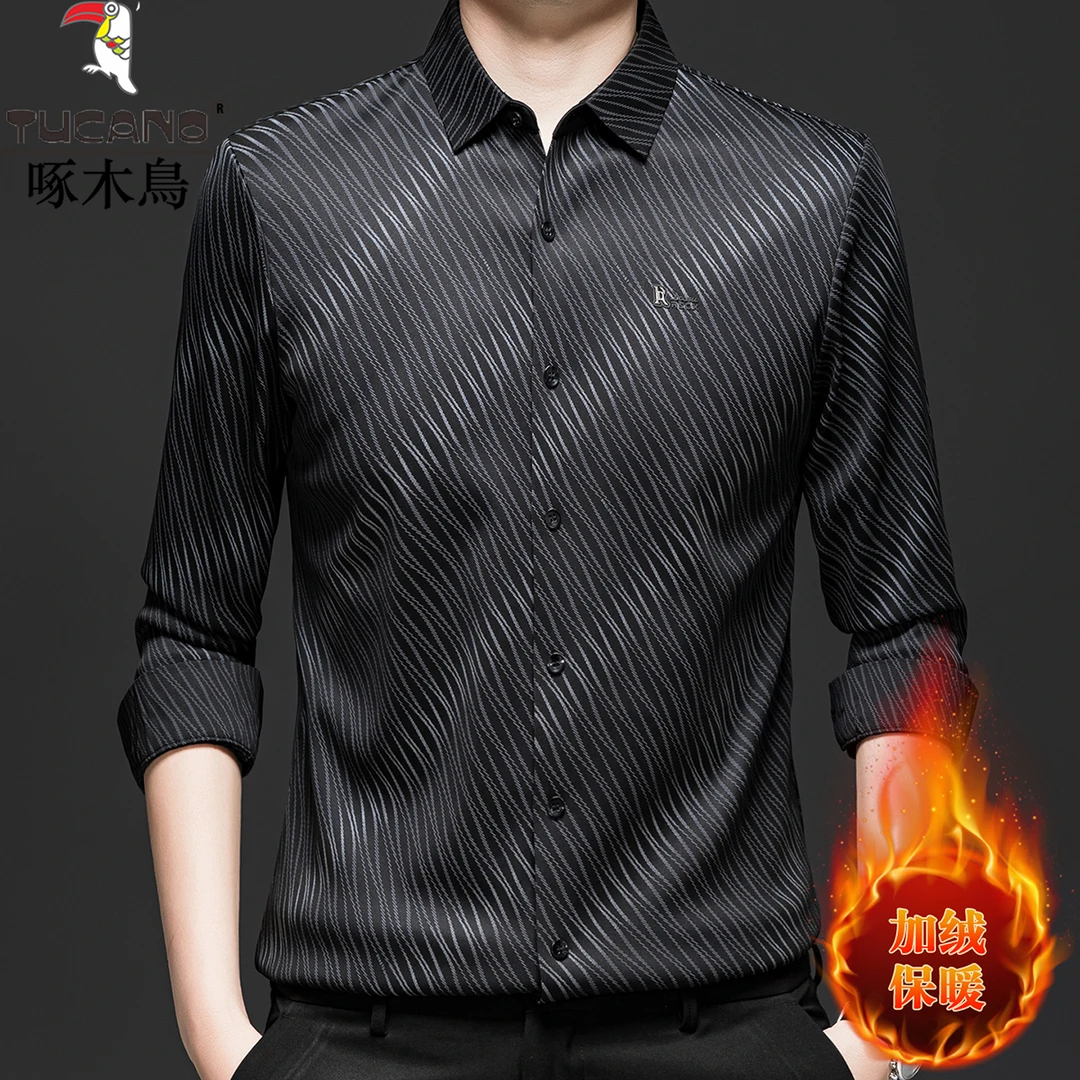 啄木鸟高端男士冬季新款加绒加厚时尚印花无痕免烫一体绒保暖衬衫