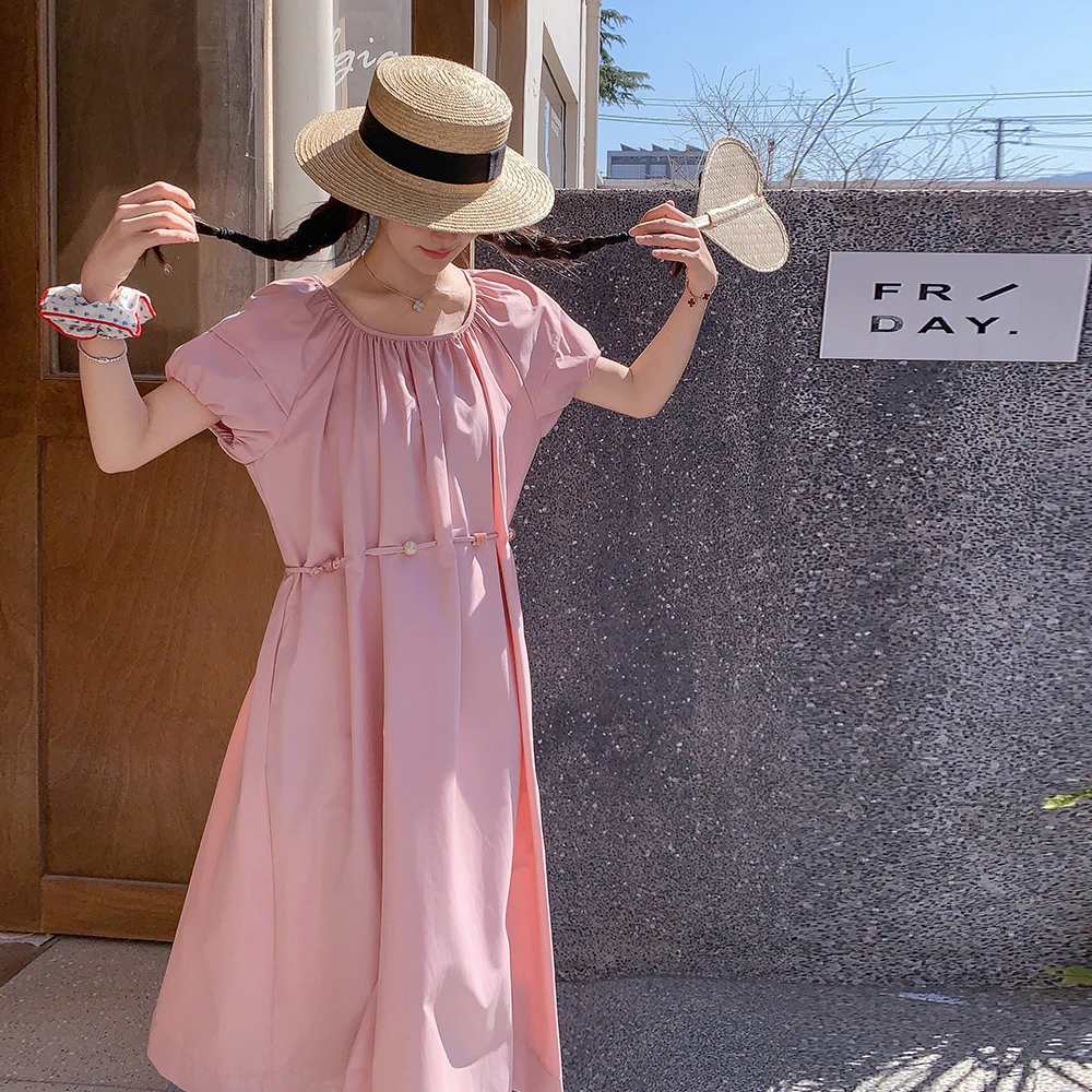 新款粉色串珠收腰连衣裙225A-2503-P125-K188