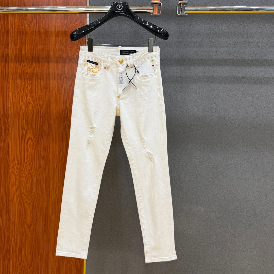 PLIPHPP PLEPN正品PP金灿繁花 白色修身弹力直筒男士牛仔裤9918