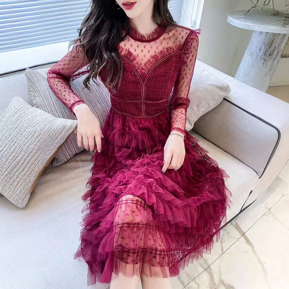 [依易原创]名媛气质法式小香风刺绣拼接网纱仙女裙E0312