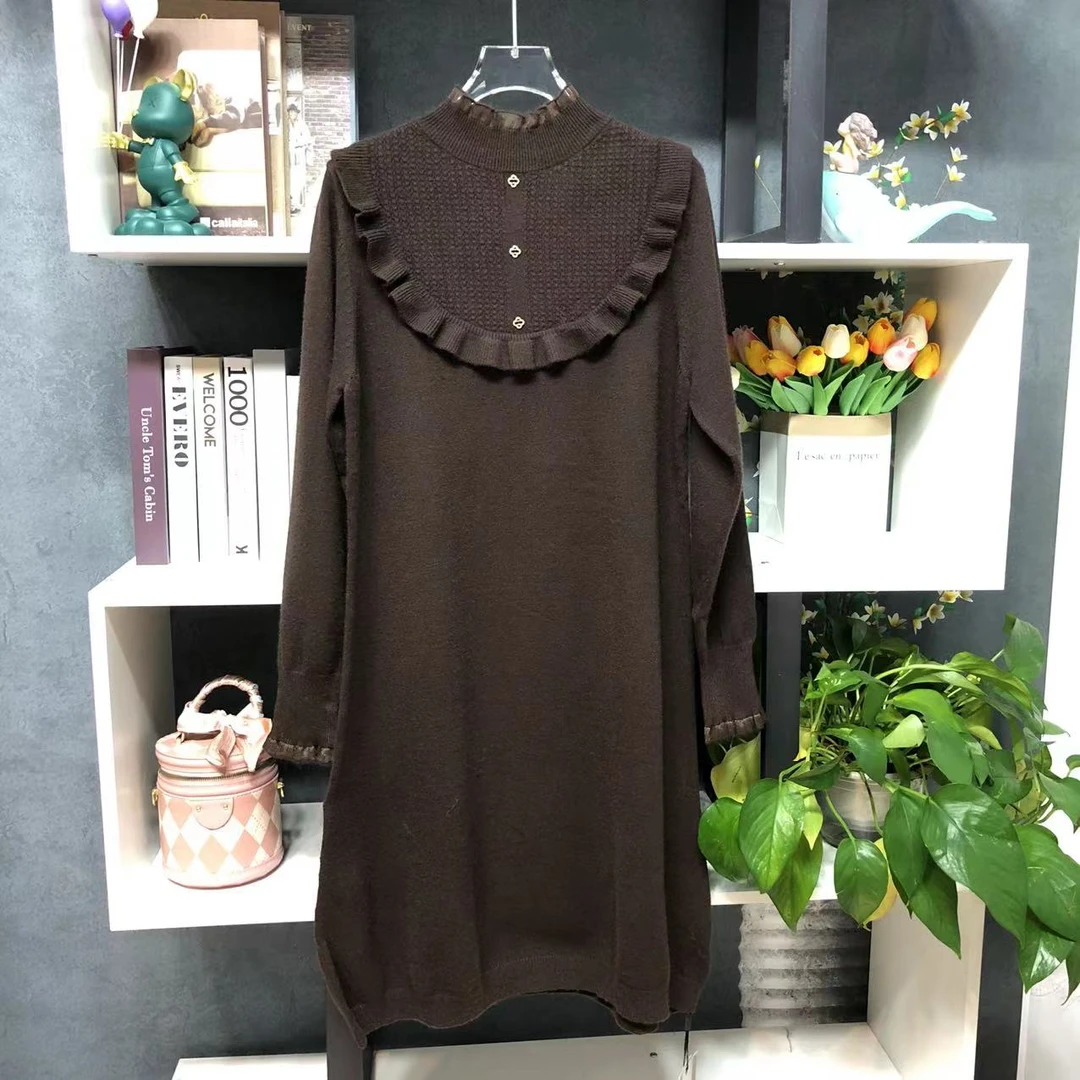 LZ65112【品牌撤柜】时尚深咖色圆领拼接木耳边连衣裙