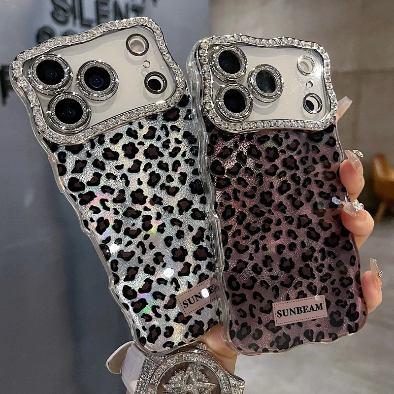 适用苹果系列iPhone17新款手机壳时尚感白底豹纹全包满钻精孔镜框