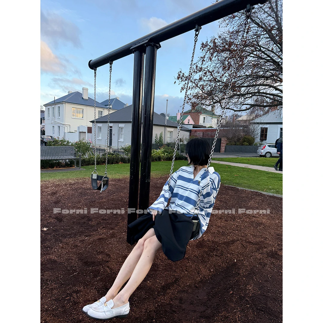 7FORNI 研究生Polo 天丝长绒棉学院风条纹刺绣徽标polo衫