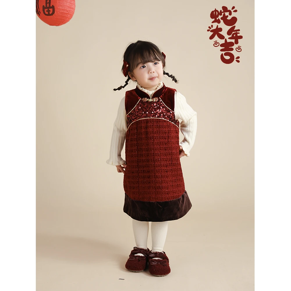 启萌L01拜年服女童周岁礼服2024冬新款儿童洋气红色公主裙C4W152