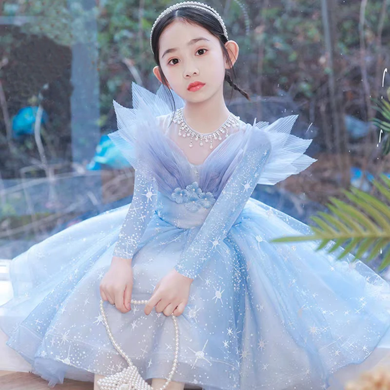 巴拉童年高端女童蓝色生日晚礼服公主裙花童儿童小主持人钢琴走秀