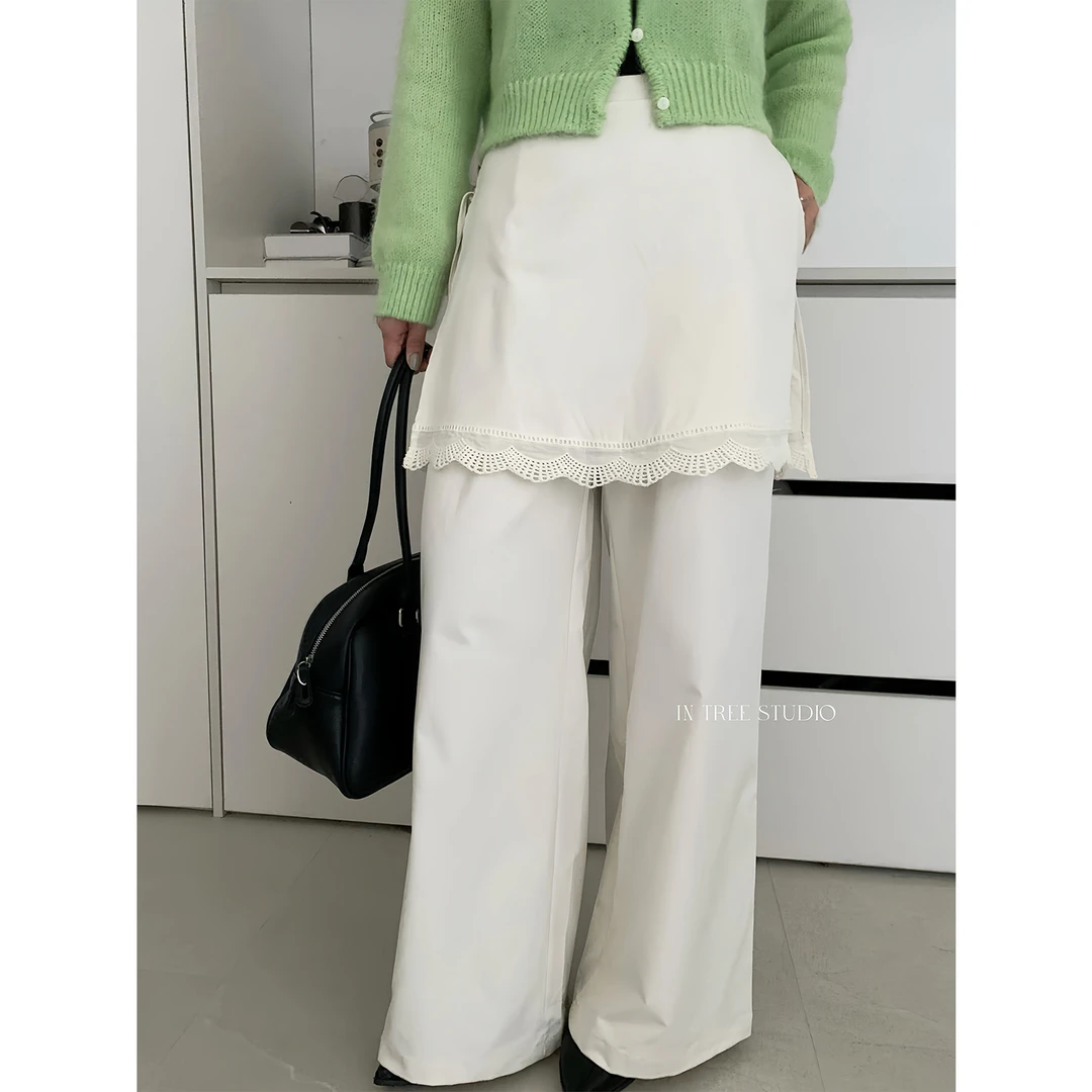 In Tree张桶桶【首尔街头】设计绑带假两件屁帘蕾丝白色长裤ST00081