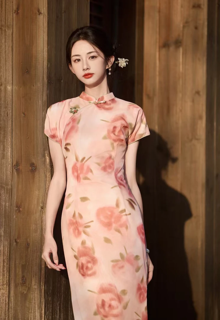 吴（纱夏玫瑰）衣长120夏季新款温柔粉色弹力低领少女日常改良旗袍