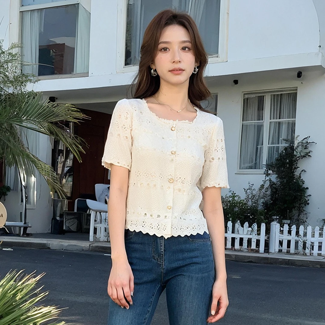 奢姿大码女装2025夏季胖妹妹时尚方领花边刺绣气质好看短袖上衣