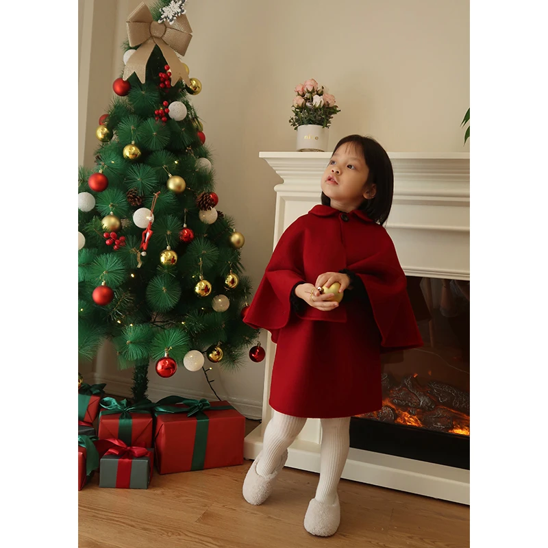 AnyinGirl 100%羊毛过年拜年服女宝宝手缝羊毛斗篷中小女童连衣裙