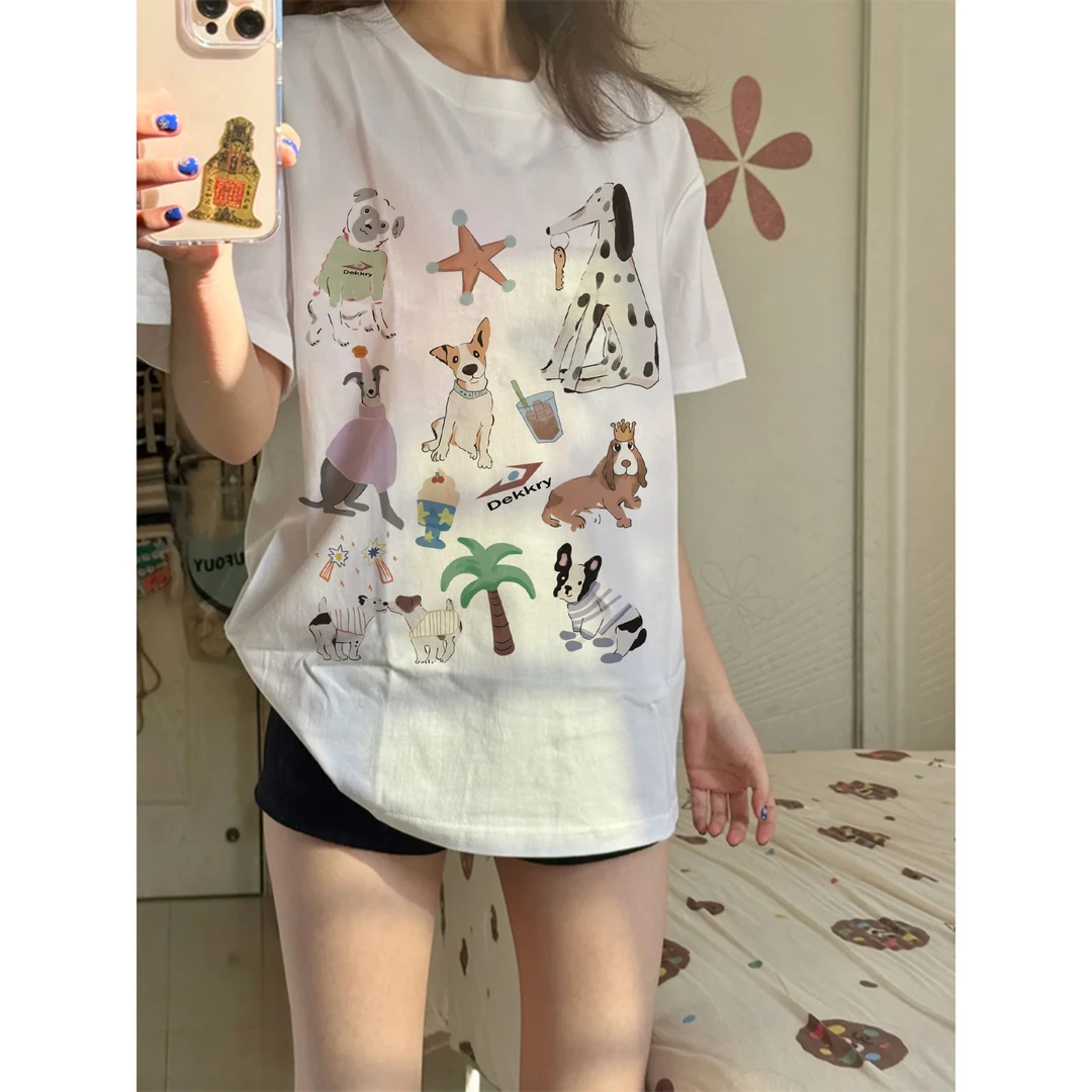 labzaa美式趣味个性小狗字母印花短袖T恤夏季男女休闲宽松上衣潮