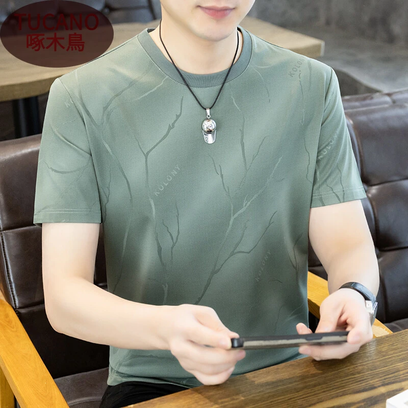 啄木鳥裂痕烧花冰丝短袖t恤男士夏季2025新款潮牌半截袖体恤衫爆