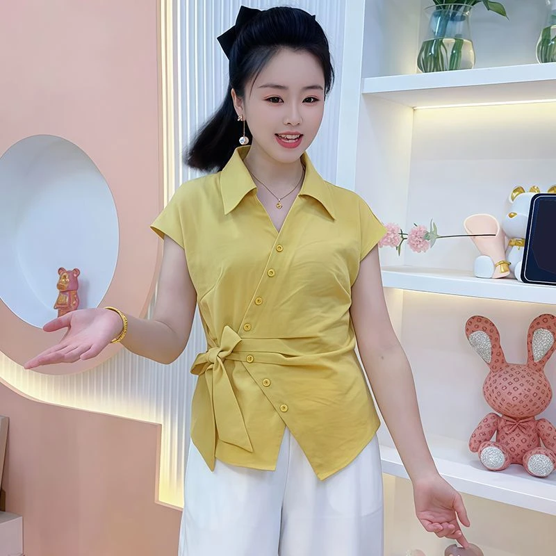 2025气质绑带夏季新款系带收腰衬衫设计显瘦短袖减龄短袖上衣百搭