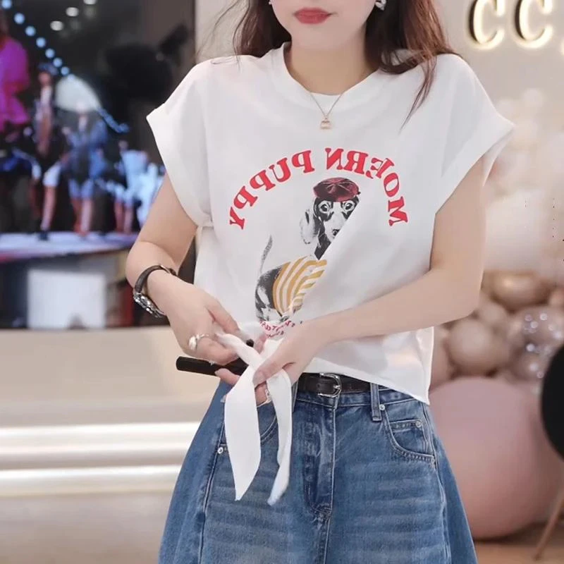 美式短款小狗印花高腰T恤女夏季2025新款不规则辣妹短袖打底上衣