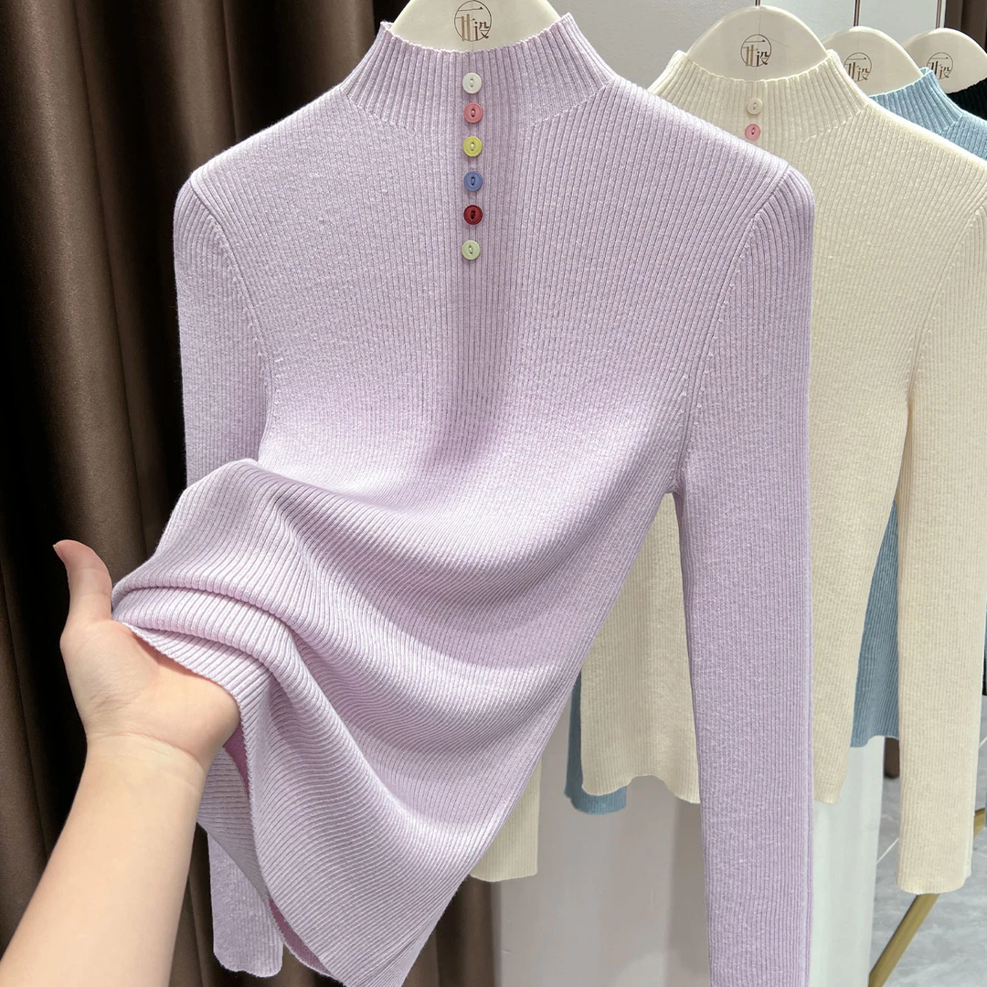 粉色正肩半高领长袖上衣女秋冬新款洋气打底衫小众纽扣设计针织衫
