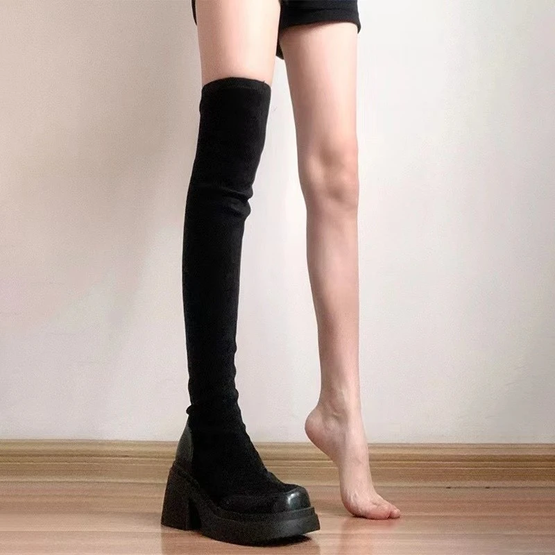 现货高筒瘦瘦靴2025年秋季新款不过膝长靴粗跟骑士靴绒面弹力瘦瘦