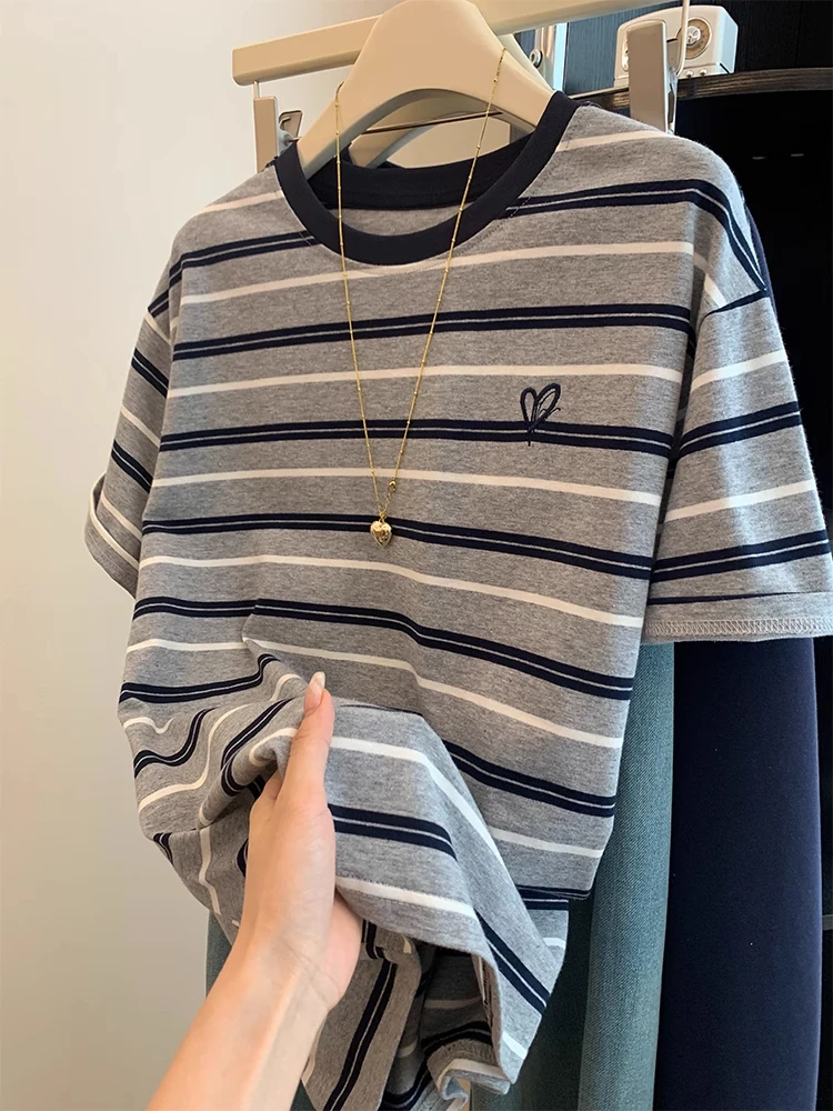 韩系复古高级感刺绣条纹短袖棉T