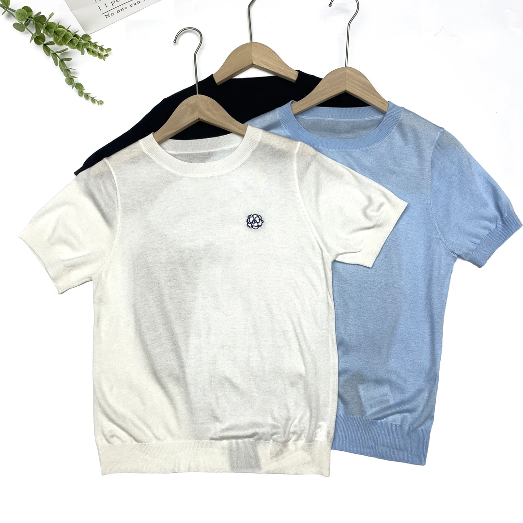 【大婷】韩版小刺绣针织衫短袖T恤女2025春季新款休闲宽松上衣19666