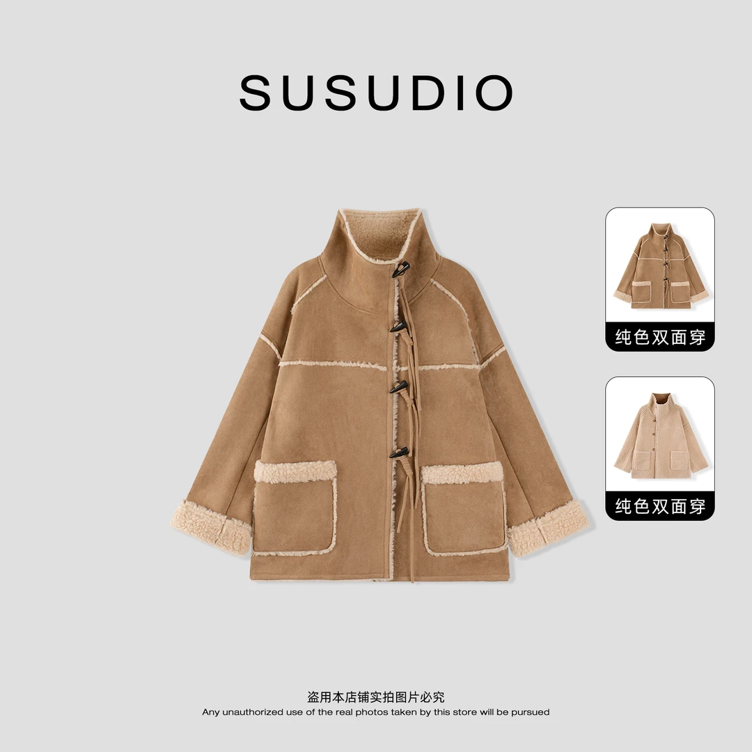 SUSUDIO 100绵羊毛 冬季复古牛角扣立领鹿皮绒毛外套 70473