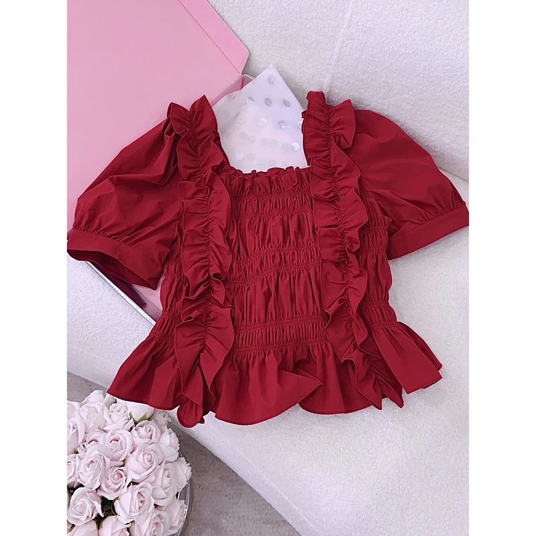 琳心丨春夏新款小众收腰显瘦木耳边泡泡袖短款一字肩衬衣 4835